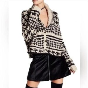 Free People Houndstooth Oversized Sweater Heavy Chunky Cardigan Cotton Sz M